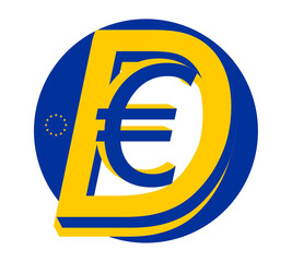 simplified yellow and blue symbol of the Digital Euro as D€ as DEUR, currency, Arial Italic, isolated