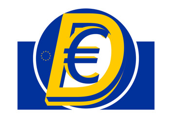 simplified yellow and blue symbol of the Digital Euro as D€ as DEUR, currency, Arial Italic, isolated