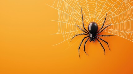 A close-up view of a black spider delicately hanging from a thin web, set against a solid orange backdrop, emphasizing minimalist Halloween decor.