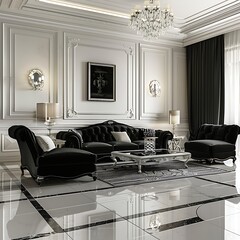luxury classic living room with black and white furniture