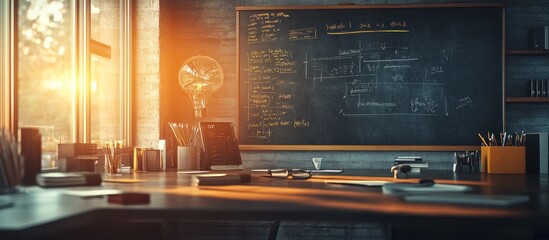 Sunny classroom with a blackboard covered in math equations.