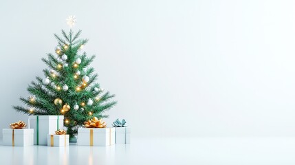 A minimalist Christmas tree in a white room, adorned with subtle decorations and softly glowing lights, creating a serene holiday vibe.