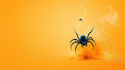 Halloween background featuring a small black spider hanging from a web in the top corner, set against a bright orange backdrop.
