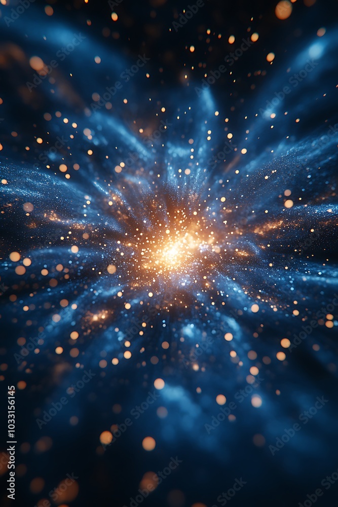 Poster a vibrant cosmic scene depicting a glowing core surrounded by swirling blue hues and luminous partic