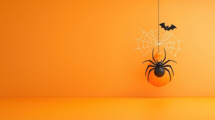 Halloween design with a single black spider hanging from a delicate web against a solid orange background.