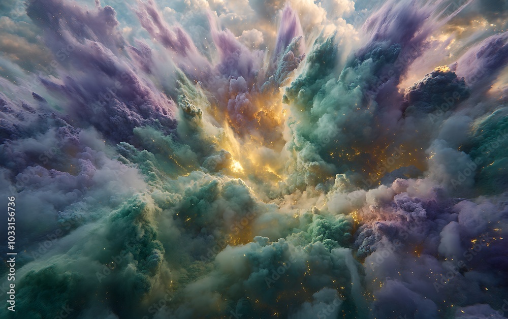 Poster a vibrant explosion of clouds in hues of purple and teal, illuminated by golden glimmers, creating a
