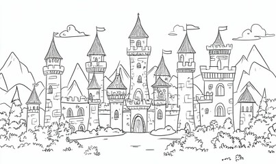 Fototapeta premium A black and white drawing of a castle.