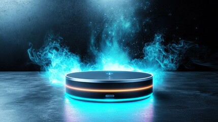 An artistic angle of a smart home hub device radiating light against a dark gray background, reflecting the essence of a connected home.