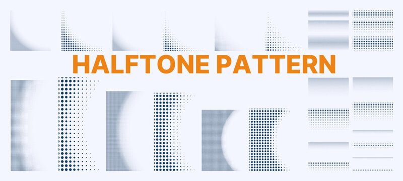 Halftone Pattern black Grunge Polka Dot, Circle, Half-circle, one side, line, middle line Pattern Set. Dot halftone wave pattern abstract background, Grunge halftone dots pattern texture background.