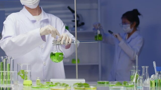 Advertisement footage for centella extract product, a researcher stand by a lab table, which contains variety lab glassware, the other stand in back. Front view, space for text