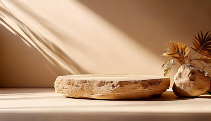 Elegant Pastel Podium with Botanical Shadows: Natural Stone Wall for High-End Product Showcase