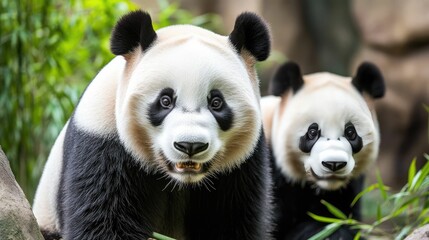 Two adorable pandas sitting together and munching on bamboo inside a peaceful and tranquil zoo exhibit with visitors silently watching the serene scene unfold in the lush natural environment