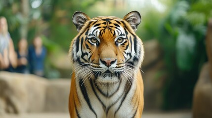 Fototapeta premium Majestic tiger prowling and pacing within a lush jungle themed enclosure at the zoo as captivated visitors observe the powerful feline in its natural habitat