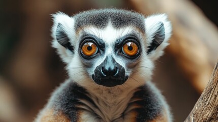 Obraz premium Captivating Close up of a Curious Lemur Perched on a Branch with Expressive Wide Eyes and a Fuzzy Furry Face Showcasing the Unique Characteristics of This Endangered Primate Species from Madagascar