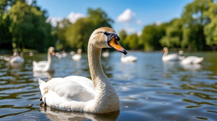 Obraz premium A family picnicking near a serene zoo lake surrounded by the graceful movements of swans and ducks gliding across the calm reflective waters The peaceful scene captures a moment of relaxation