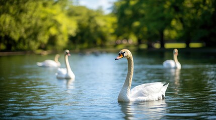 A serene scene of a family picnicking near a peaceful zoo lake with majestic swans and playful ducks gliding across the still waters surrounded by lush greenery