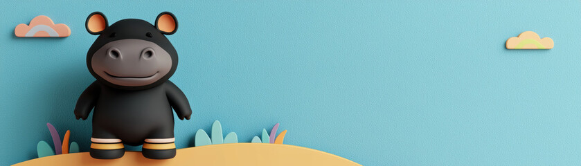 Fototapeta premium A cute, cartoonish black hippo stands on a colorful landscape against a blue background, with playful clouds and greenery around.