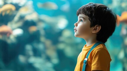 Curious child standing in awe observing the mesmerizing display of colorful marine life at an engaging educational aquarium exhibit designed for hands on learning and discovery