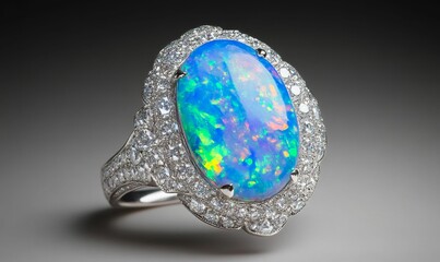 Diamond-encrusted ring with large opal stone.