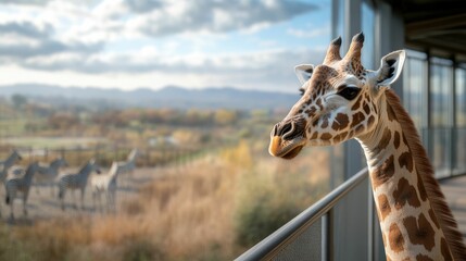 Visitors standing on an elevated walkway looking down at the savanna exhibit with giraffes and zebras at the zoo