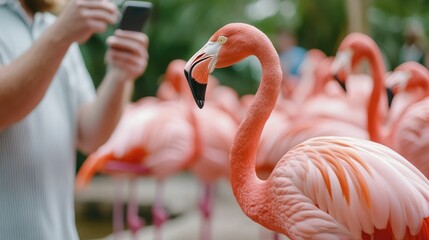 A zookeeper feeds a group of vibrant pink flamingos as visitors eagerly capture the colorful scene with their at the zoo s bird exhibit