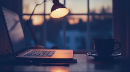Cozy Workspace at Dusk with Laptop and Coffee