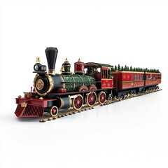 Vintage Red and Green Christmas Train with Pine Trees on Roof