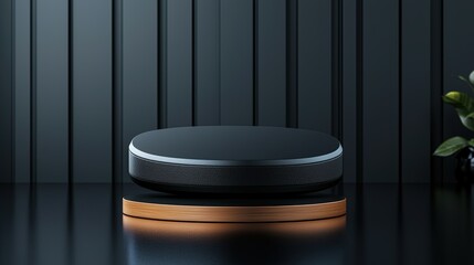 Black podium on wooden base