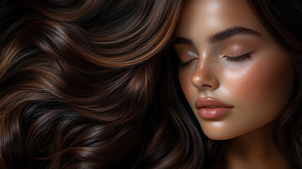 Obraz premium Beauty brown hair women with face for hair care product with copyspace