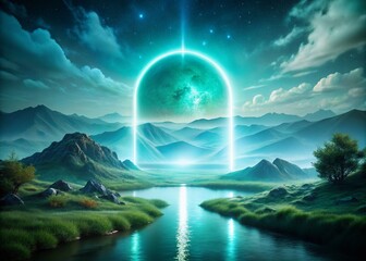 Sci-Fi Blue Green Glowing Portal on White Background - Landscape Photography