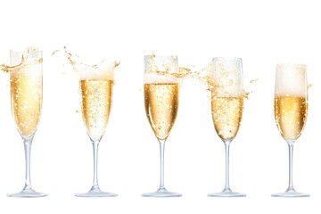 Five champagne glasses with bubbles and splashes, isolated on white, representing celebration and joy.
