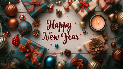 Christmas gifts, balls and different New Year decorations