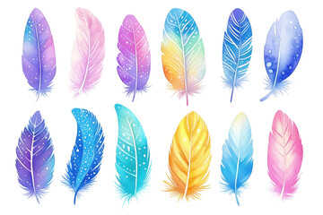 Watercolor illustration of various colorful feathers with unique patterns, isolated on white.
