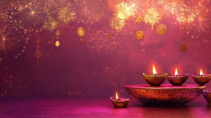 Banner design for diwali festival and podium,Diwali light decoration candle with fireworks,Stage,Product display Showcase design sparkle background,Deepavali,Dipavali,3D podium illustration.