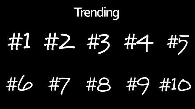 doodle hand drawn trending numbers from 1 to 10, hand draw numbers for trending with hash tag sign on black background.