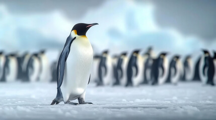 Fototapeta premium Group of king penguins coming back together from sea to beach with waves in the background