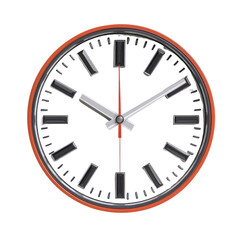 Round clock with red frame on white background