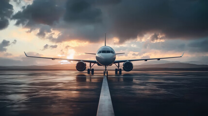 Passenger wide body airplane. Aircraft on the airport runway at the sunset time