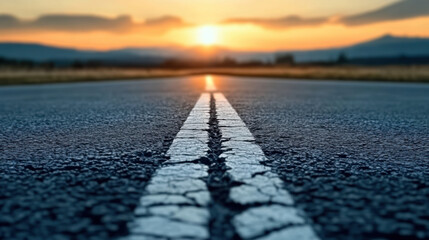 Driving on an empty asphalt road to the mountains at sunset