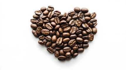 Heart shape of roasted coffee beans isolated on a white background.