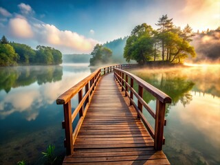Naklejka premium Serene Wooden Bridge Over Foggy Lake - Perfect for Nature and Landscape Photography