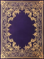 Obraz premium A purple card with golden patterns in the center, framed by gold borders. The background is a dark violet and has an empty space for text at its bottom edge.