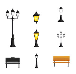 Street lamps and benches on white background