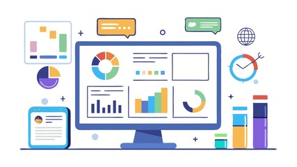 The image contains a computer screen displaying various charts and graphs, including a pie chart, a line graph, and a bar graph, along with a few other icons like a global icon, a speech bubble