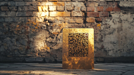 Sleek QR Code Engraved on Aluminum Plate in Front of Brick Wall at Golden Hour