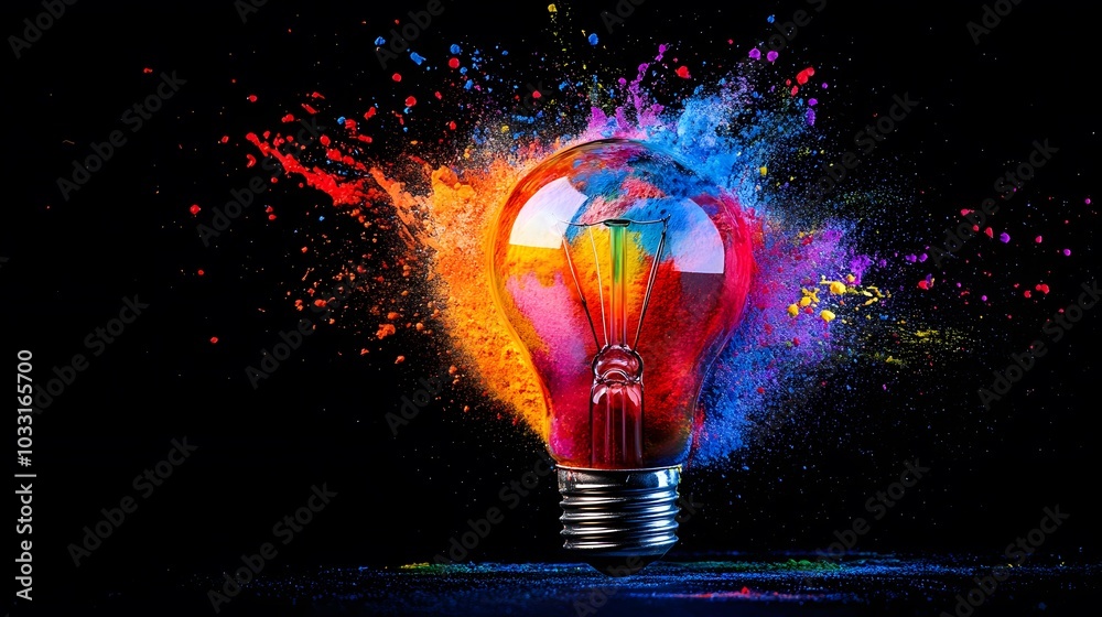 Wall mural lightbulb exploding in a burst of colorful powder
