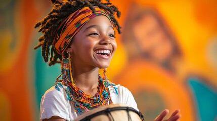 Happy African Girl with Dreads Playing the Drum