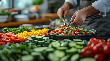 A chef preparing a salad with fresh ingredients.