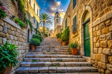 Obraz premium Stairs to the Church in Old Yaffo - Historic Architecture and Urban Landscape Photography