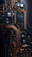 Fototapeta premium Futuristic Circuit Board with Intricate Copper Traces and Microchips – High-Tech, Sleek Electronics Design Featuring Metallic Elements Ideal for Modern Technology Projects